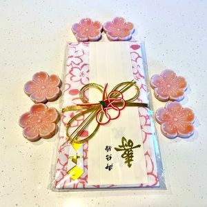 Set of 6 Pink Sakura Porcelain Chopstick Rest and Square Tea Towel